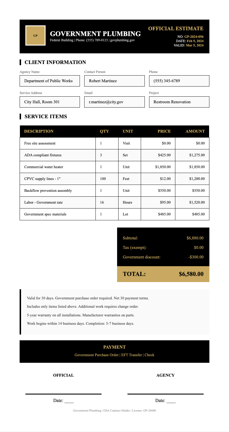 Government Standard free plumbing estimate form